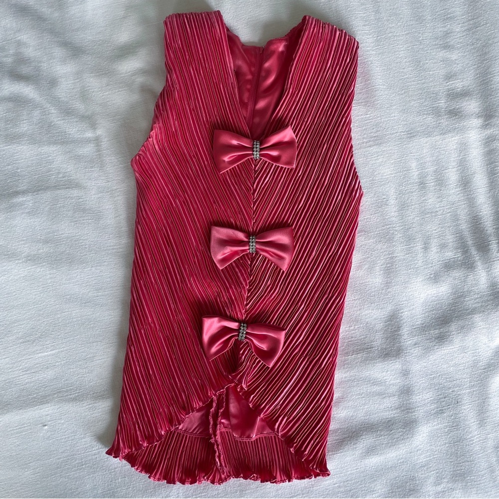 Vintage 80s pleated satin rhinestone bow top with skirt set